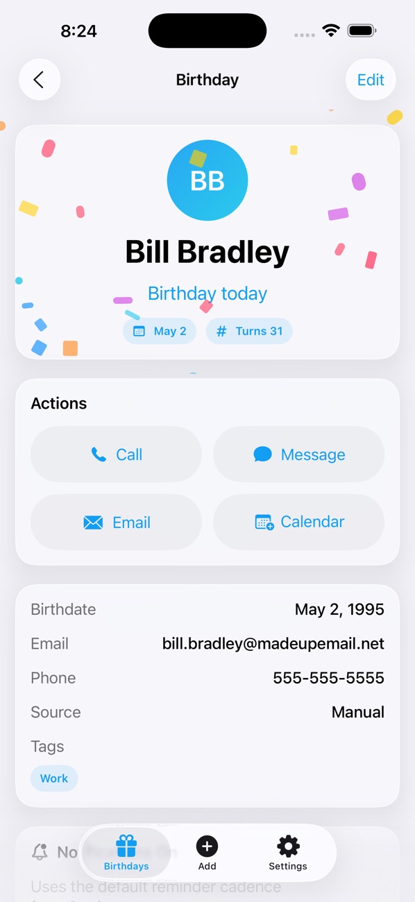 And Many More birthday detail with call, message, email, and calendar actions