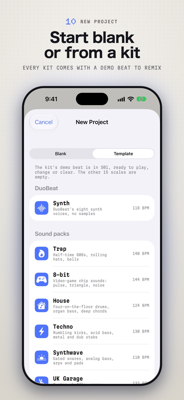 DuoBeat new project screen: start blank or from a kit