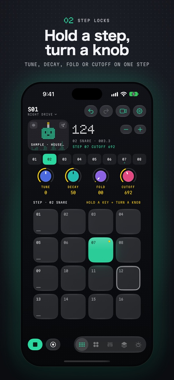 DuoBeat step lock: hold a step and turn a knob to change just that hit