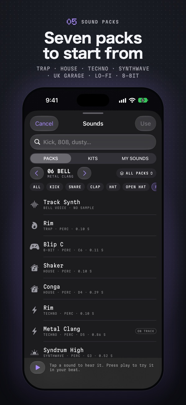 DuoBeat sound browser with seven sound packs