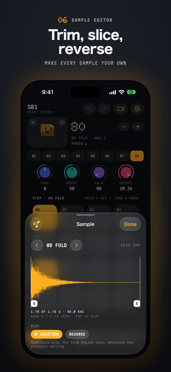 DuoBeat sample editor for trimming, slicing, and reversing