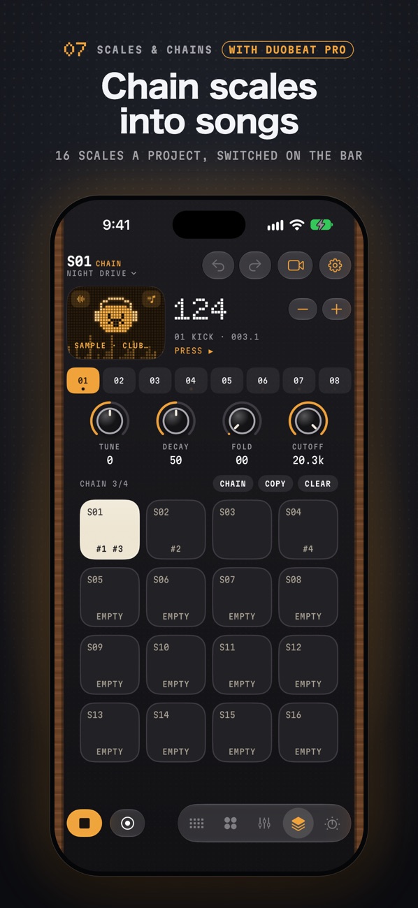 DuoBeat chaining scales into a song, shown in a vintage look