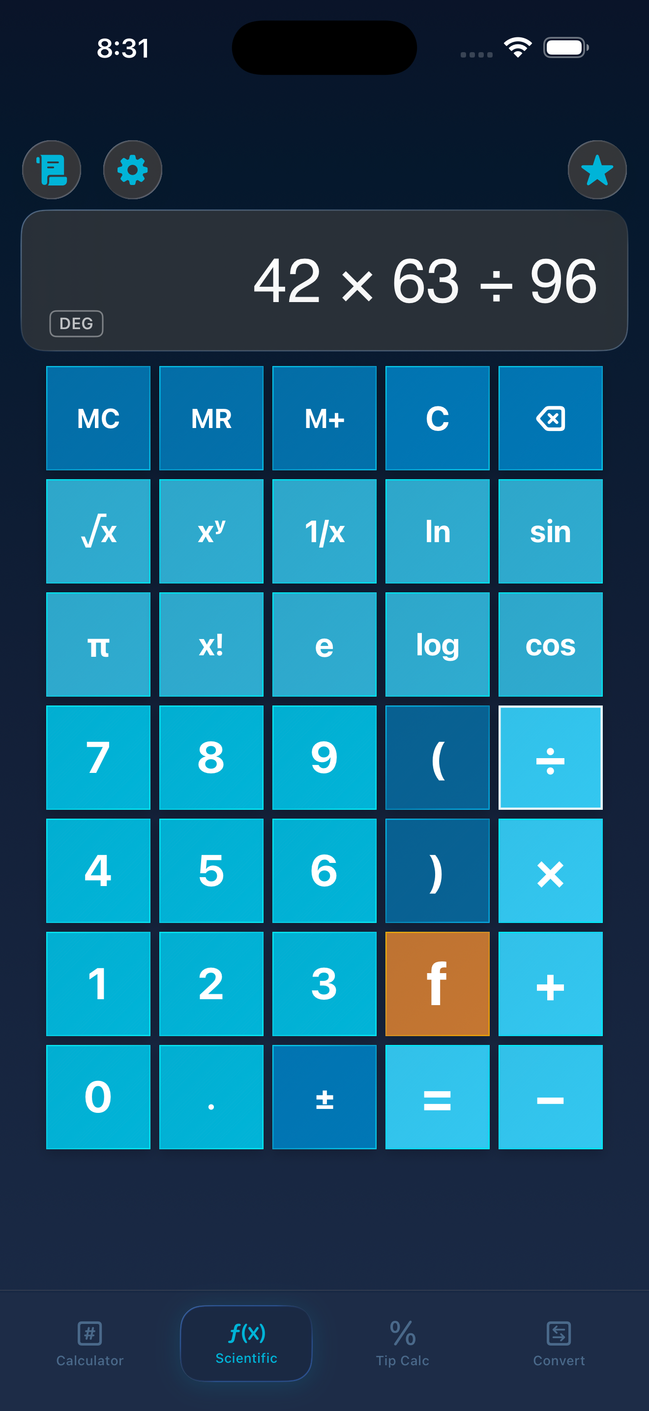 Mathintosh calculator in scientific mode with advanced functions
