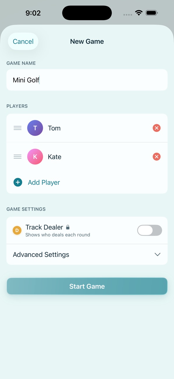 RoundsKeeper new game setup with players