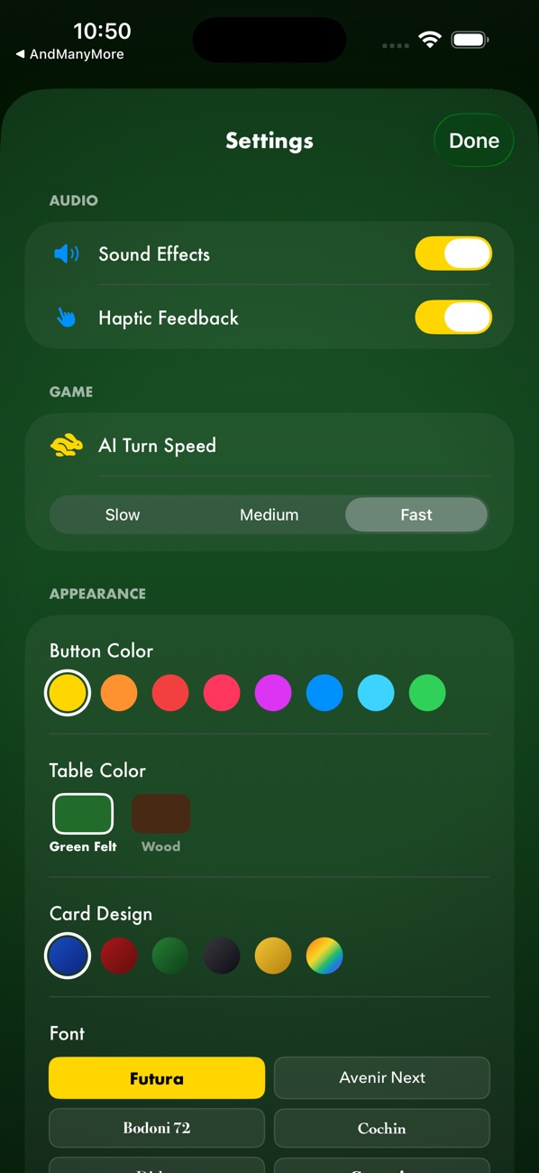 Setback appearance settings with button colors, table colors, card designs, and fonts